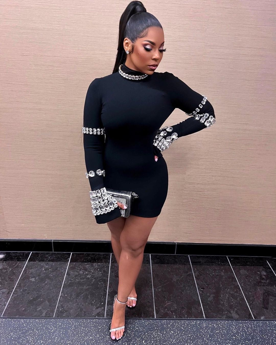 Crystal Long Sleeve Midi Dress Black HV9819