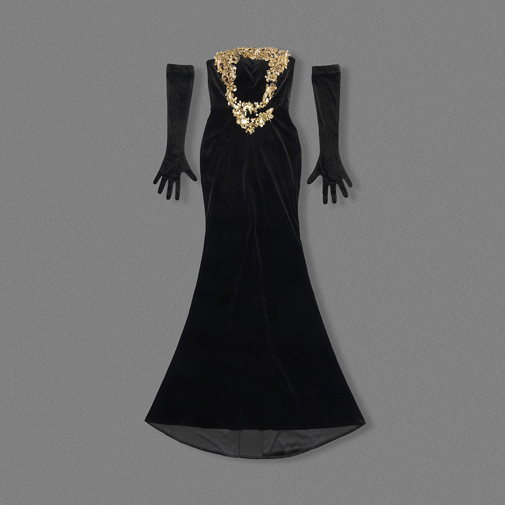 Strapless Gold Applique Maxi Velvet Dress Black HV2151