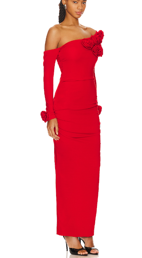 Long Sleeve Floral Bardot Maxi Dress Red