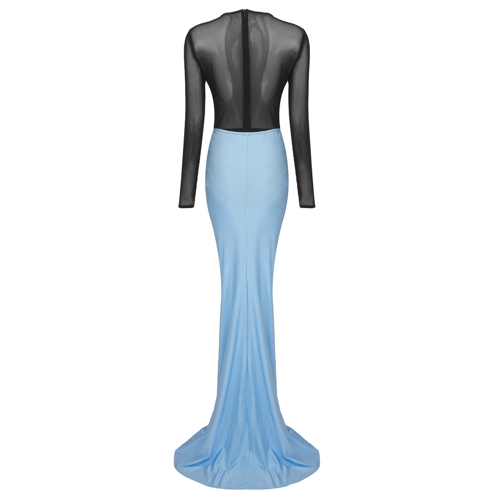 Long Sleeve Draped Maxi Two Piece Dress Black Blue HV9678