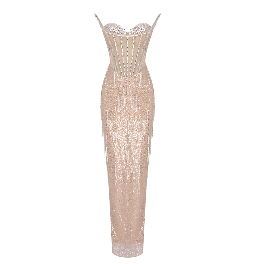 Strapless Crystal Corset Sequin Maxi Dress Gold HV1959