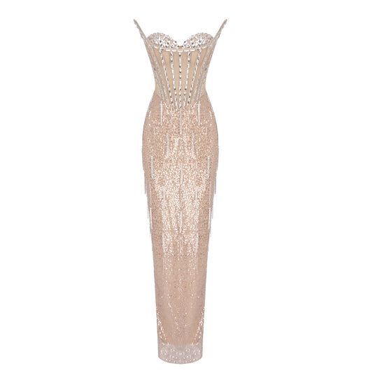 Strapless Crystal Corset Sequin Maxi Dress Gold HV1959