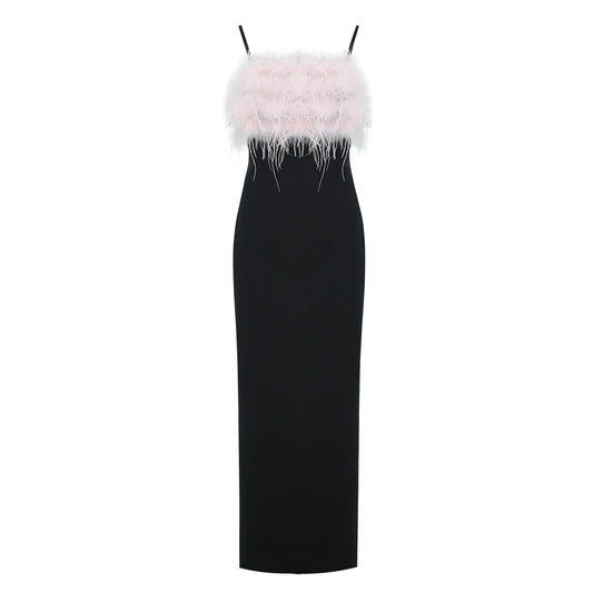 Feather Detail Strappy Back Maxi Dress Black HV1186