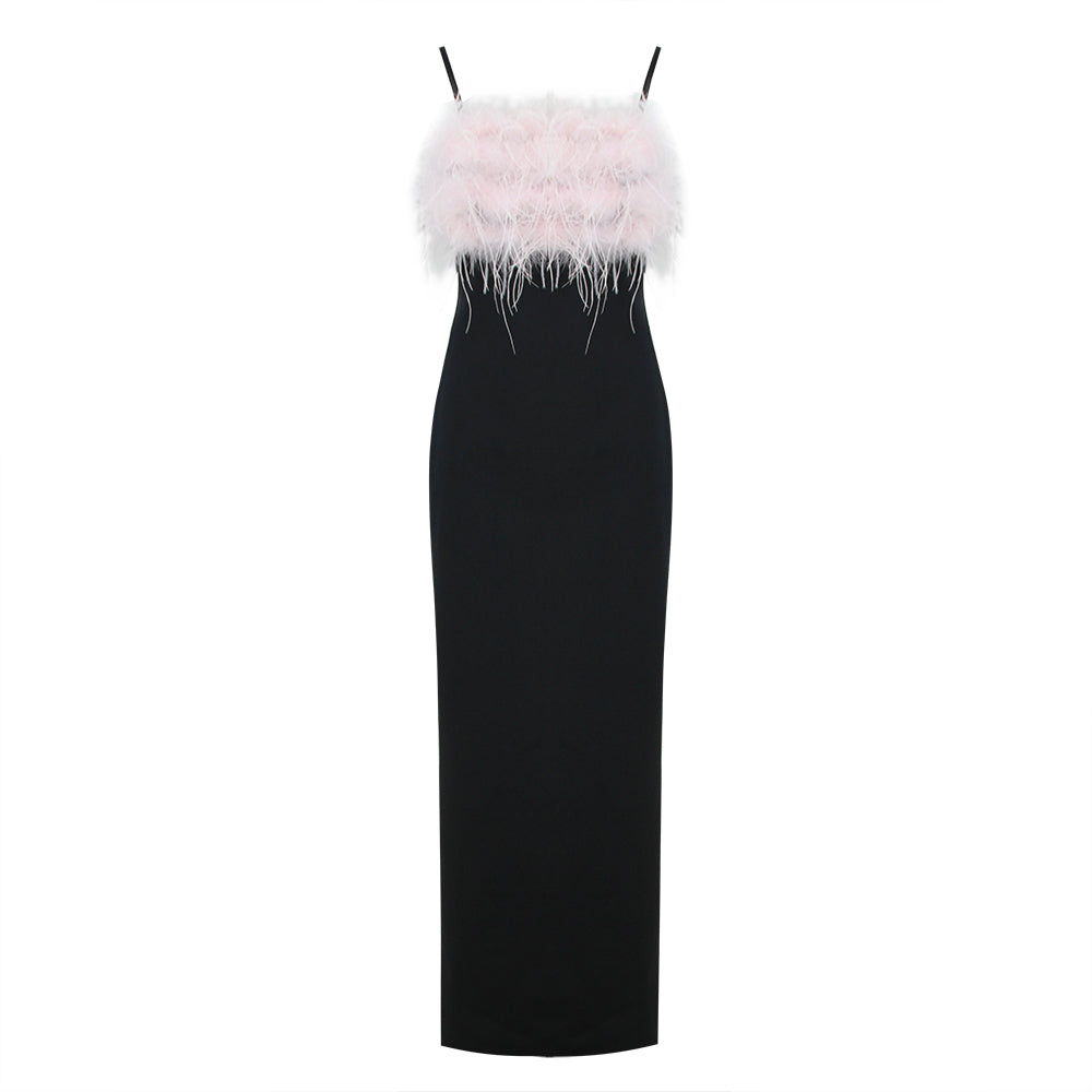 Feather Detail Strappy Back Maxi Dress Black HV1186