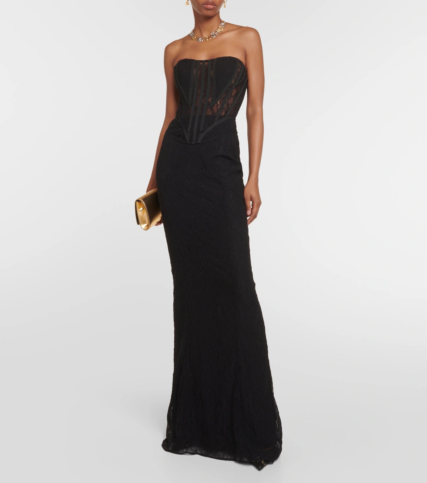 Strapless Lace Corset Two Piece Maxi Dress Black HV1056