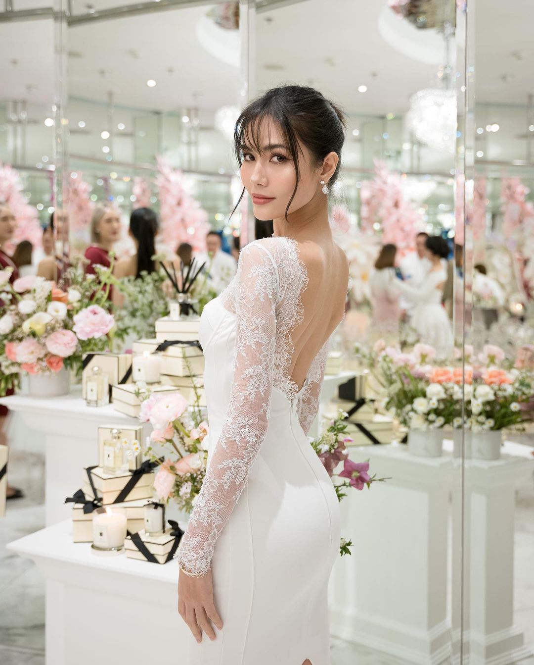 Lace Long Sleeve Bustier Midi Dress White HV9659