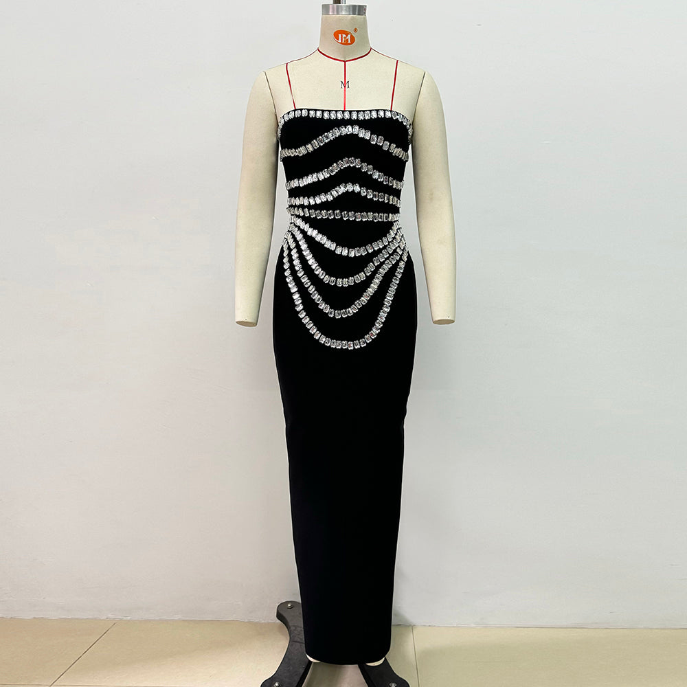 Strapless Crystal Trims Maxi Dress Black HV2003