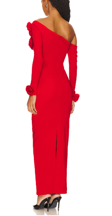Long Sleeve Floral Bardot Maxi Dress Red
