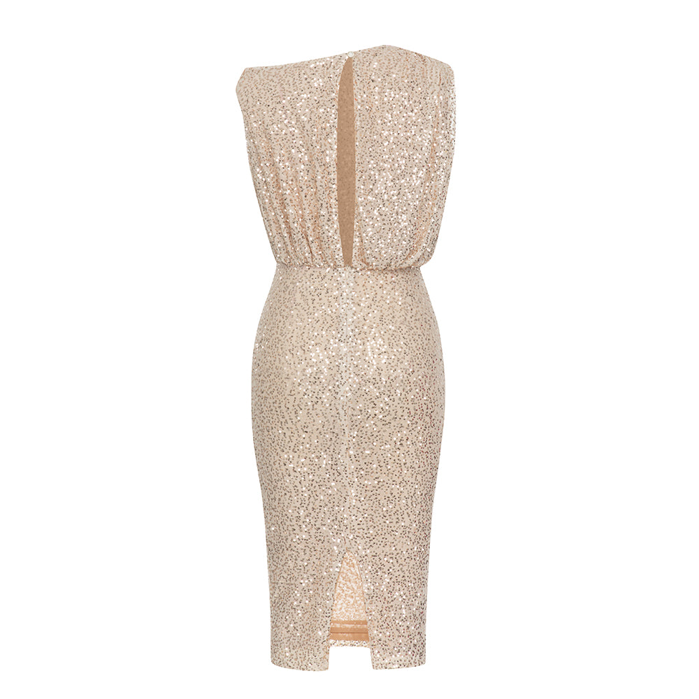 Boat Neck Sequin Draped Midi Dress Gold HV9624