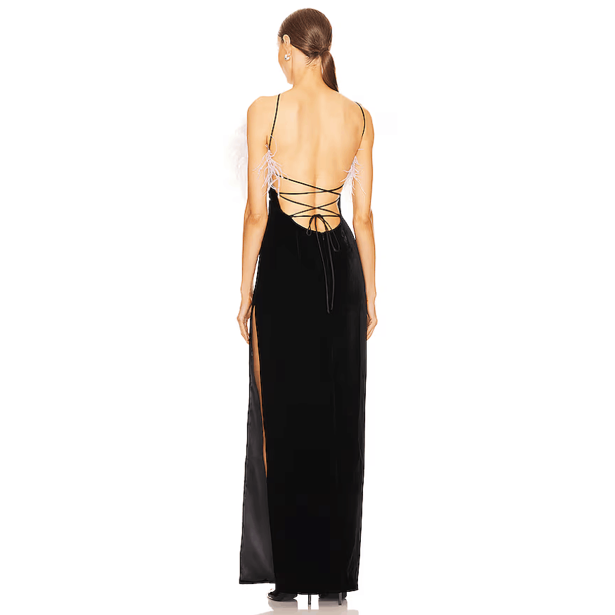 Feather Detail Strappy Back Maxi Dress Black HV1186