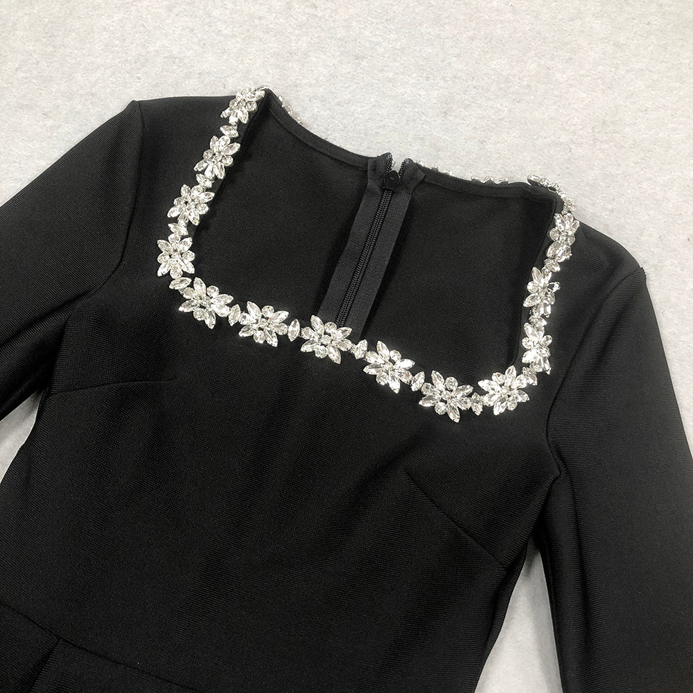 Long Sleeve Crystal A Line Dress White HV1295