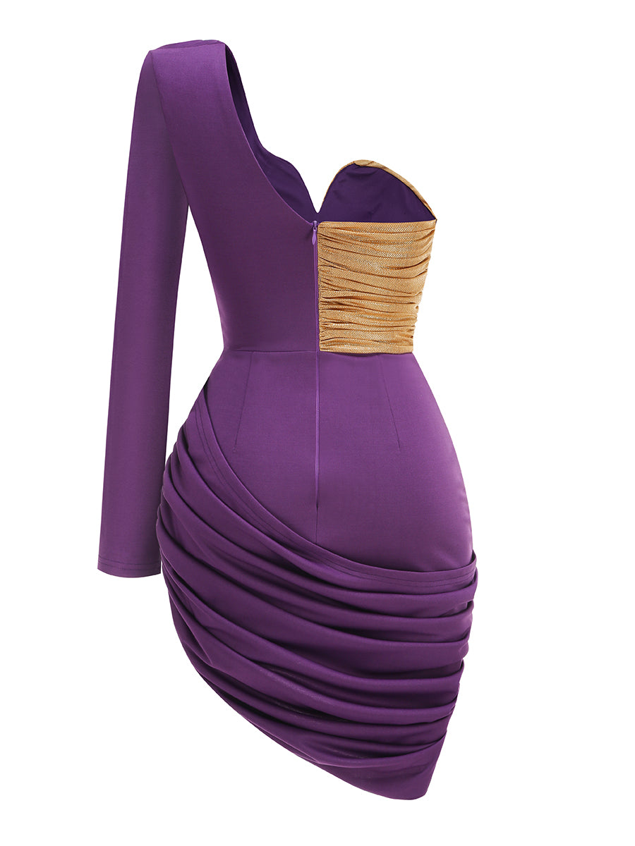 One Sleeve Ruched Dress Purple Gold