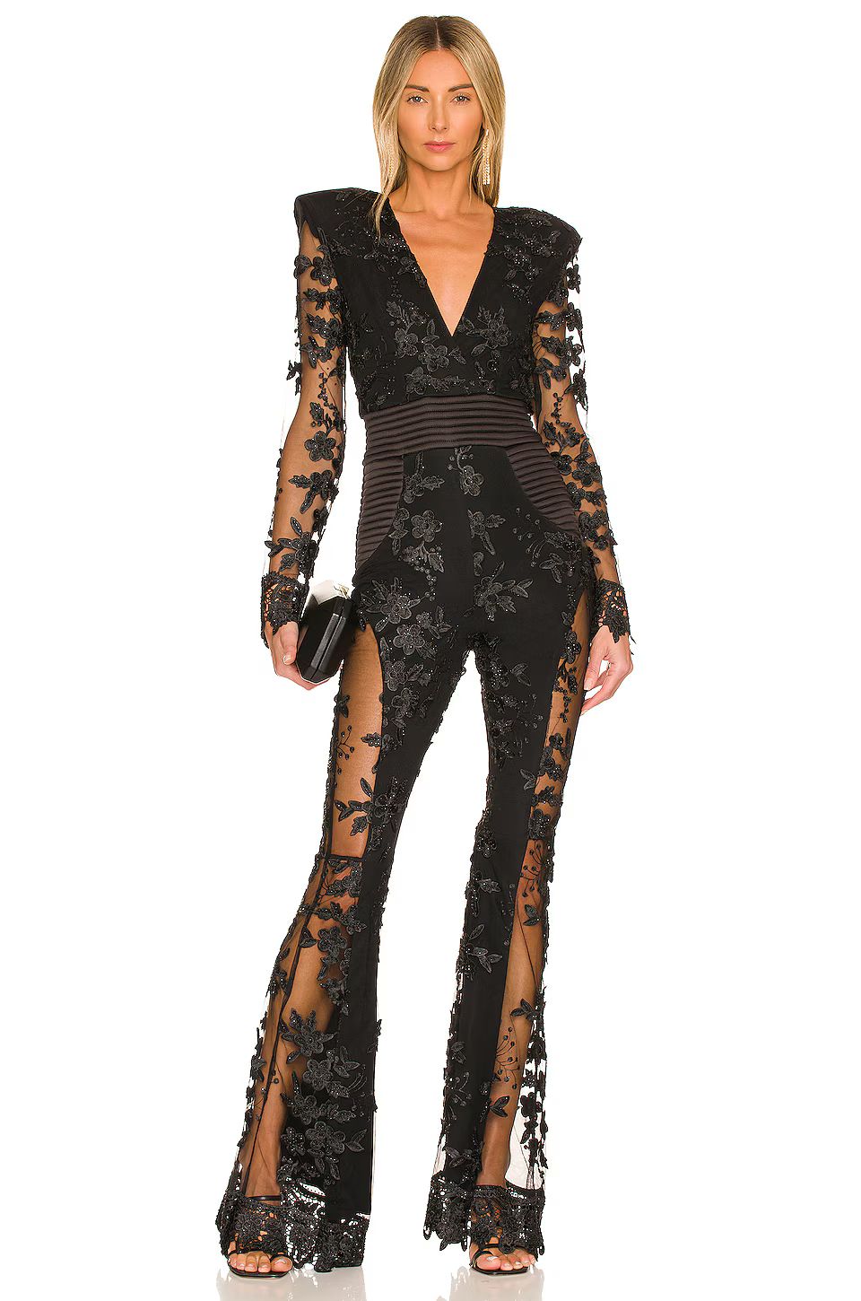 Long Sleeve Floral Lace Jumpsuit Black HV1988