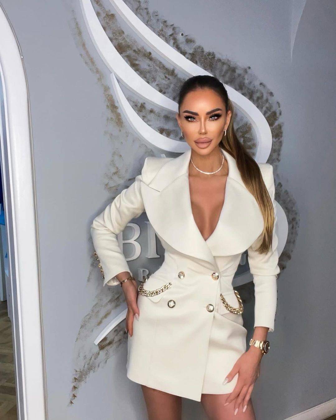 Long Sleeve Embellished Blazer Dress White