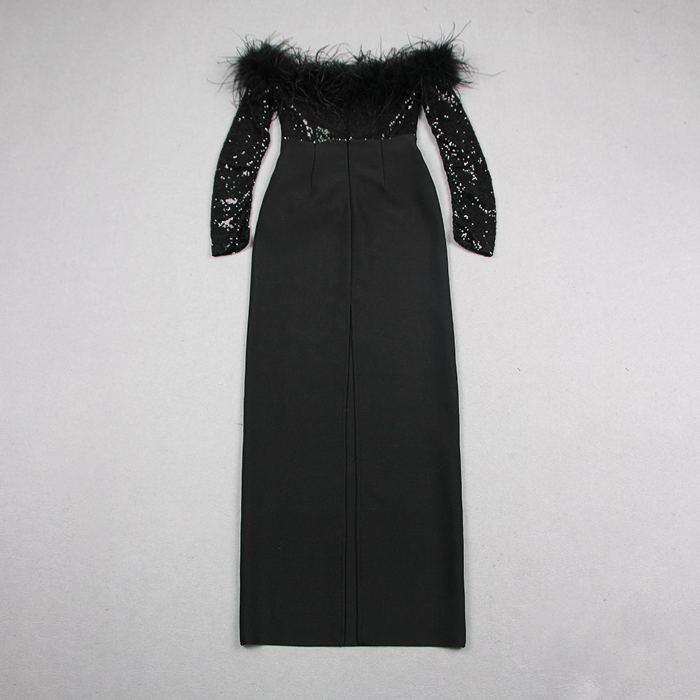 Long Sleeve Feather Sequin Maxi Dress Black HV1117