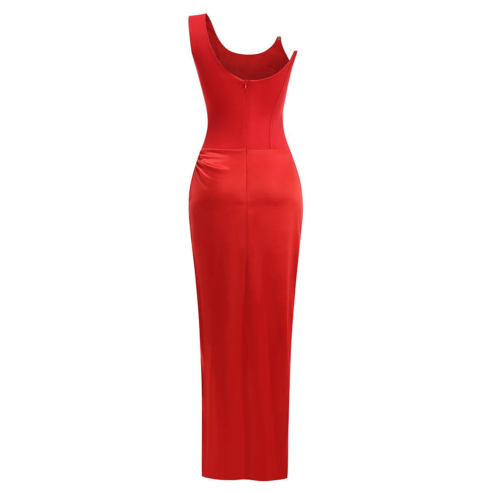 One Shoulder Draped Corset Maxi Dress Red HV1631