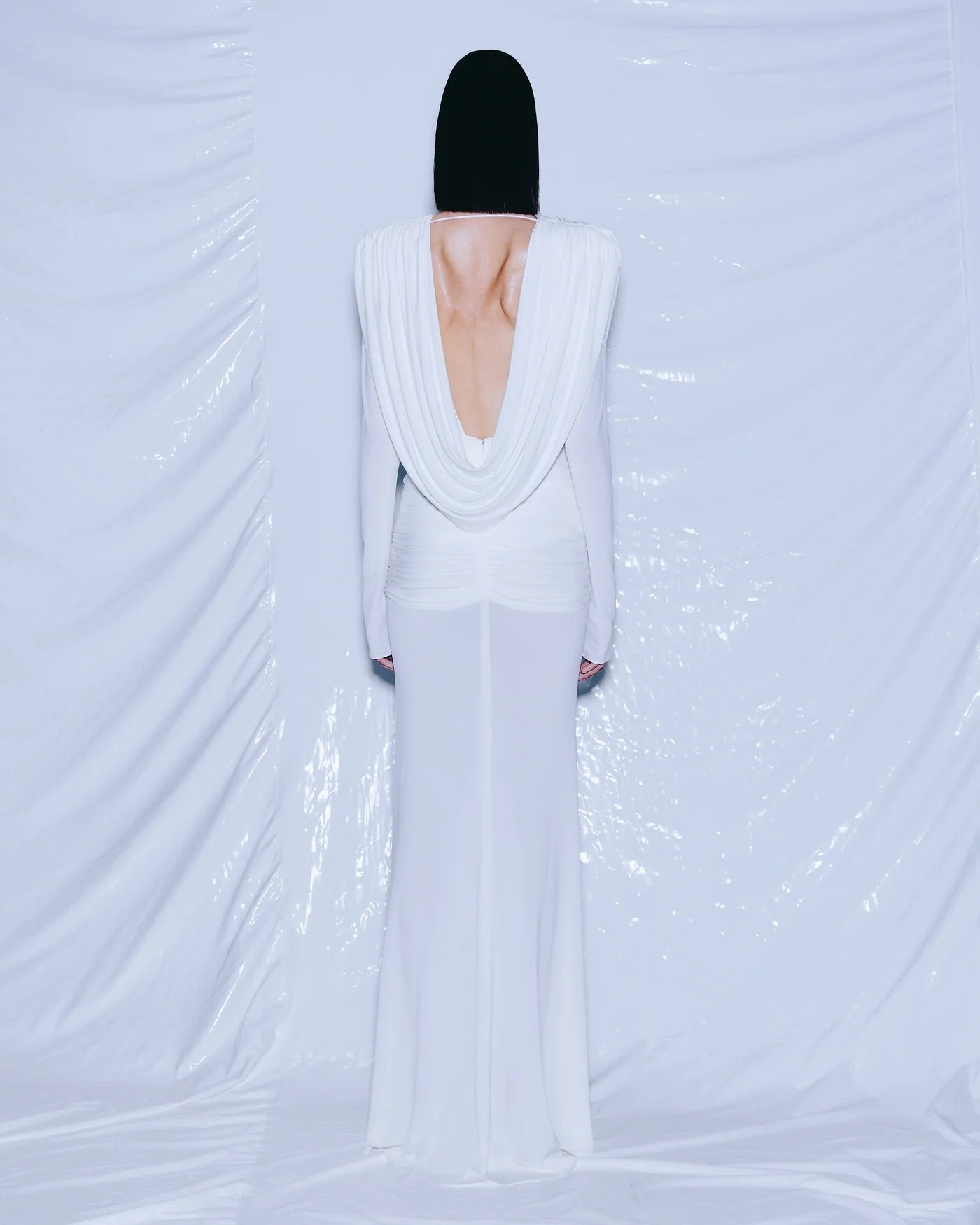 Long Sleeve Draped Backless Maxi Dress HV2076