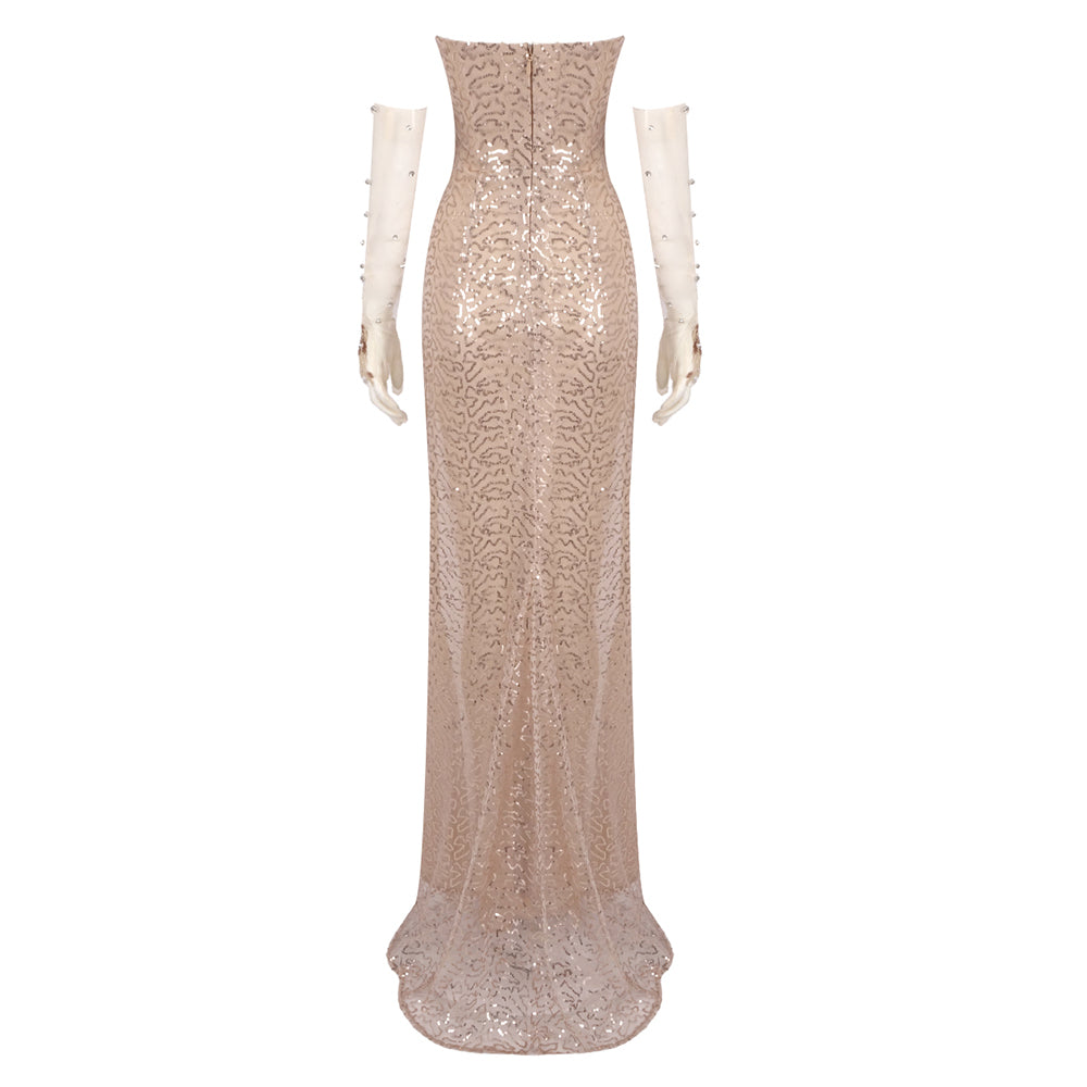 Strapless Crystal Sequin Corset Maxi Dress Nude HV1916