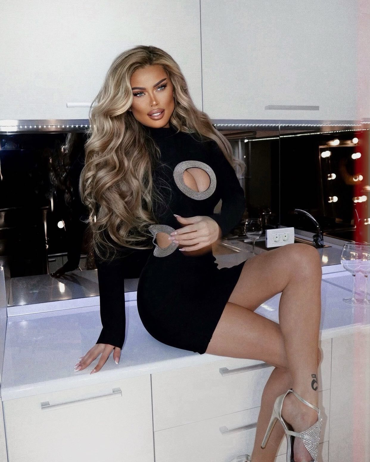Long Sleeve Rhinestone Cut Out Dress Black HV8681