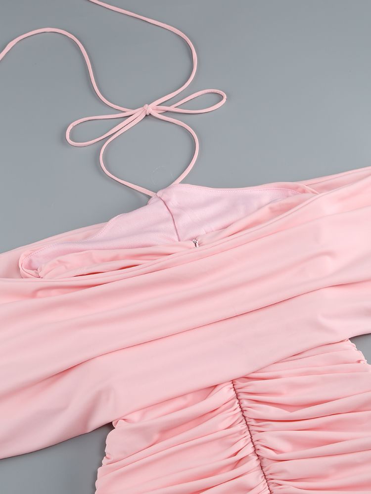 Halter Floral Detail Draped Dress Pink HV1589
