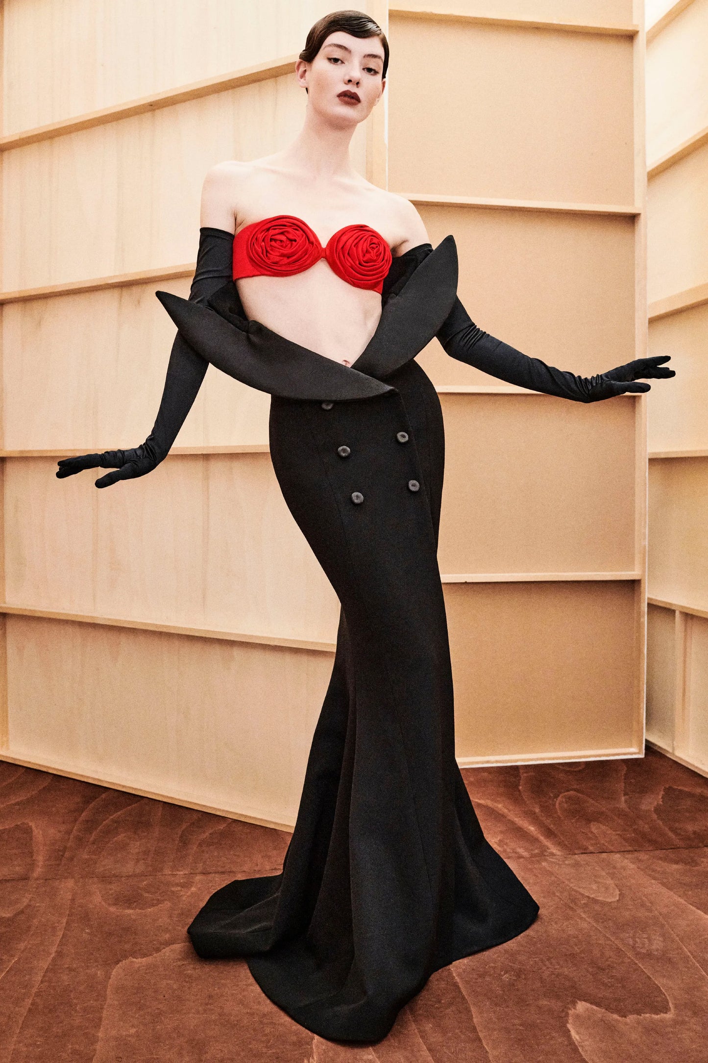 Rose Bustier Mermaid Maxi Dress Black Red HV9744