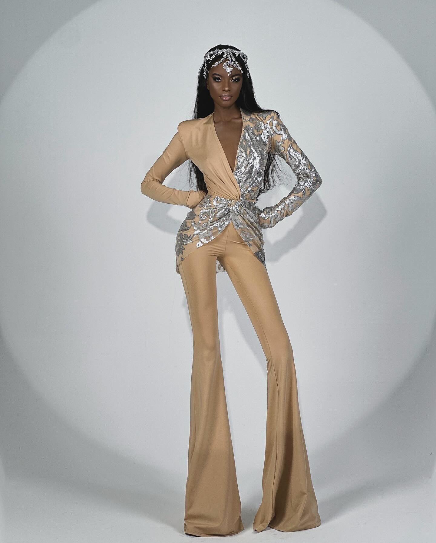 Long Sleeve Sequin Jumpsuit Sand Silver HV2059