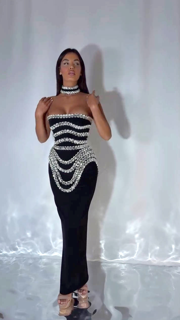 Strapless Crystal Trims Maxi Dress Black HV2003