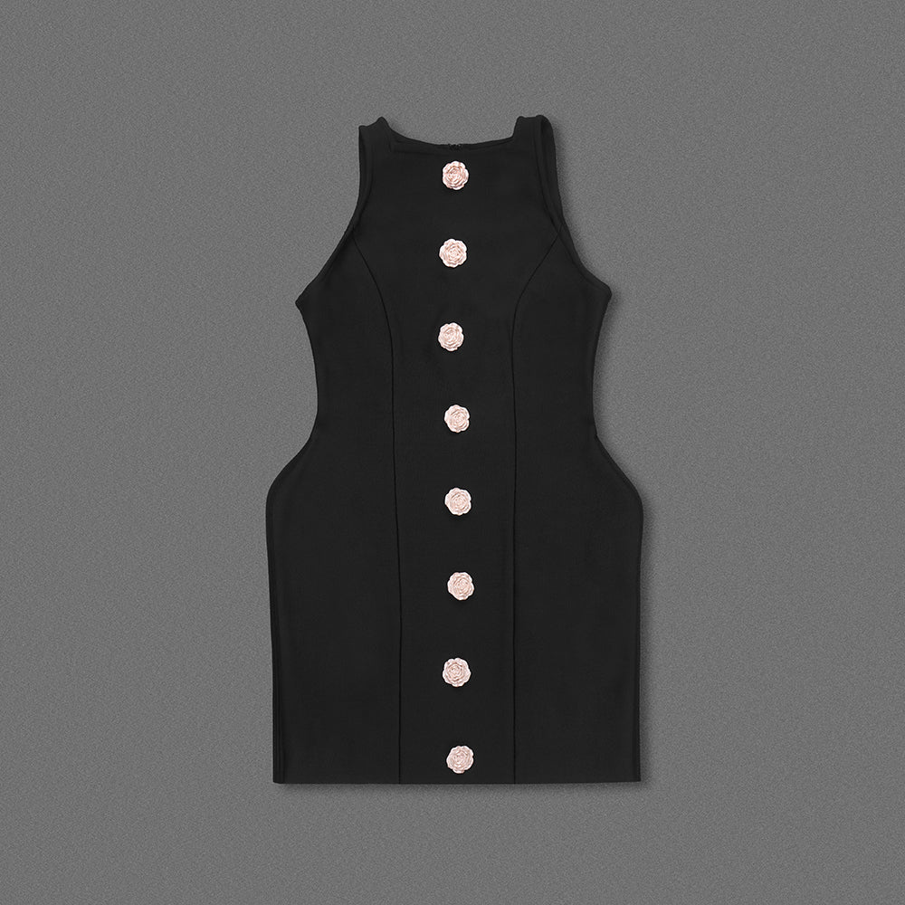 Floral Button Structured Dress Black HV1487