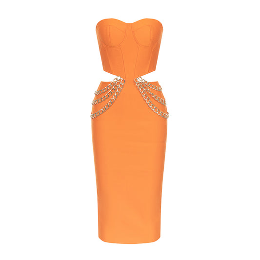 Strapless Bustier Chain Midi Dress Orange HV9453