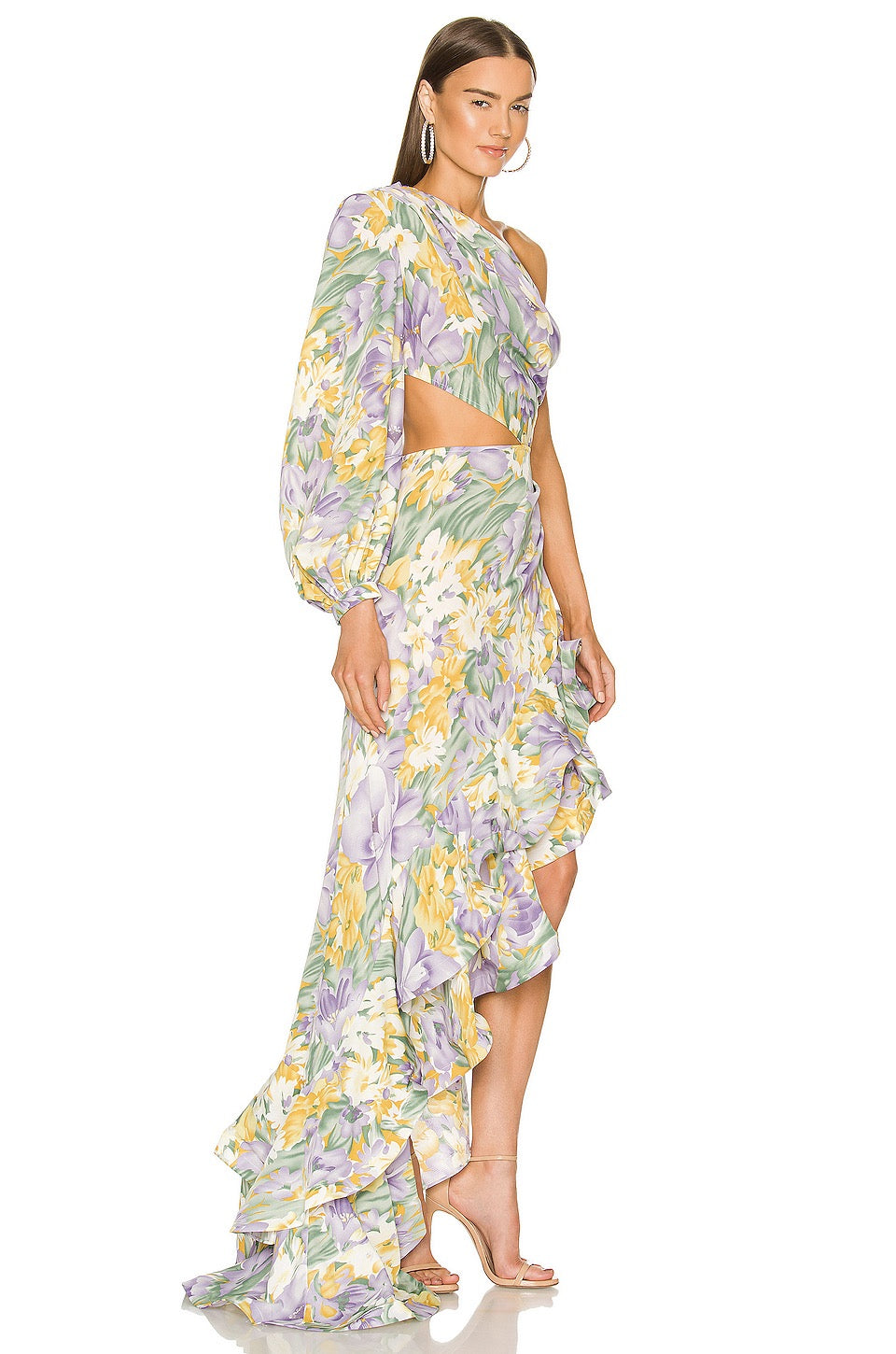 One Sleeve Floral Ruffle Maxi Dress Lavender HV8641