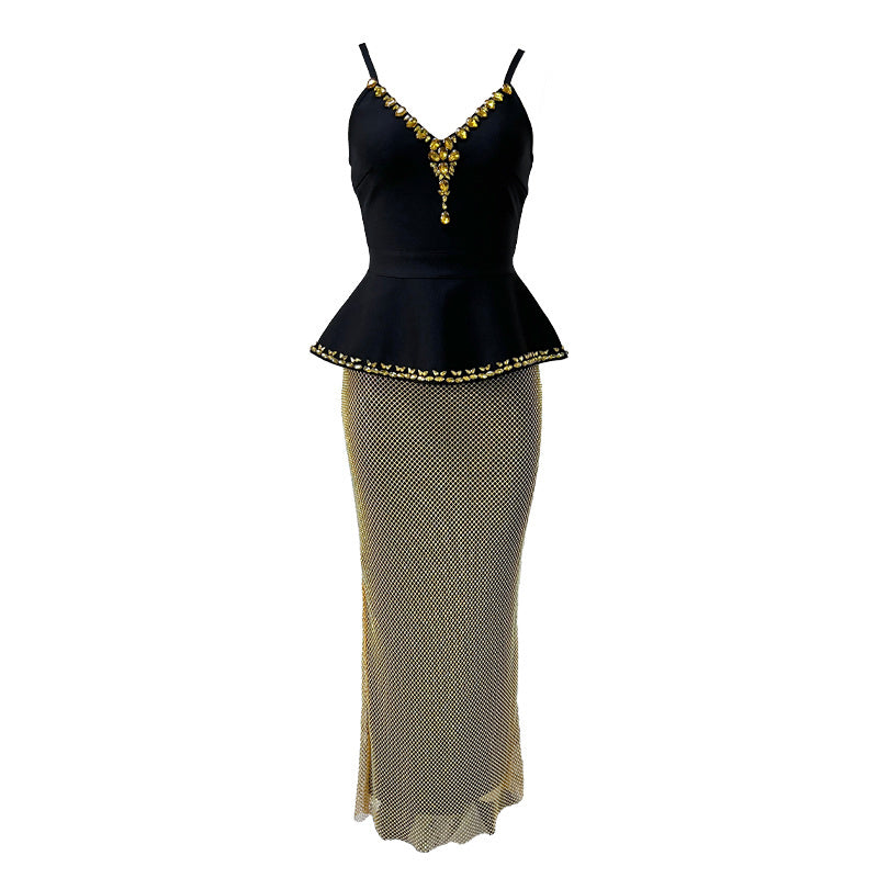 Crystal Peplum Maxi Dress Black Silver HV2669