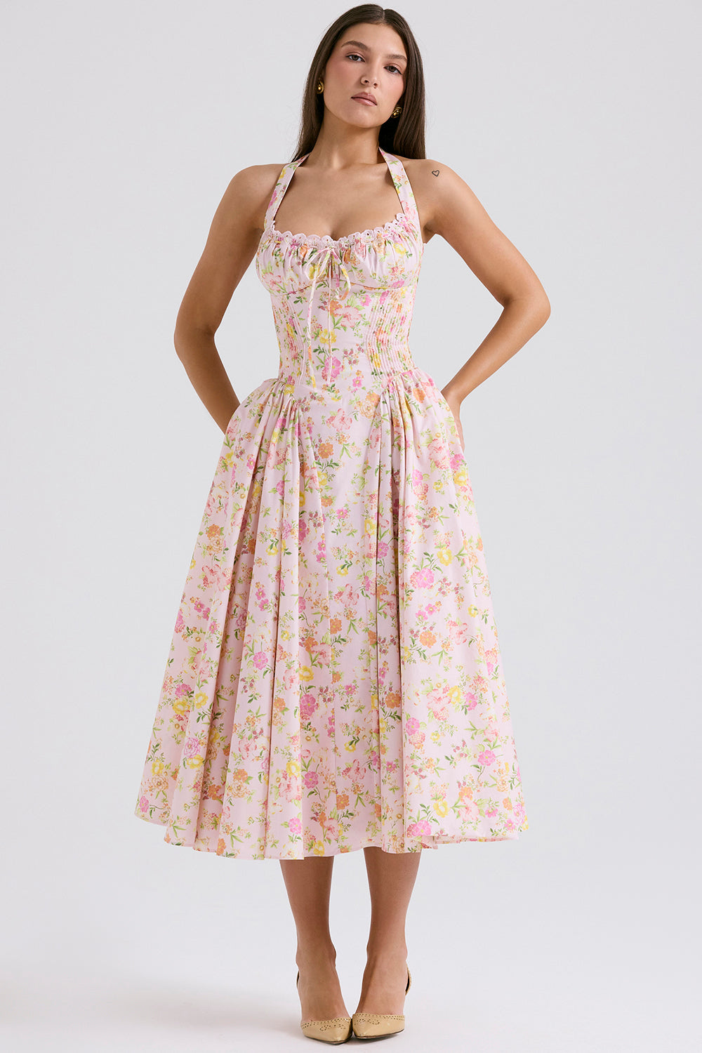 Halter Lace Bustier A Line Midi Dress Floral Pink HV1289