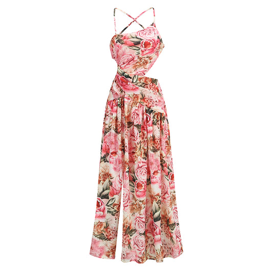 Halter Floral A Line Maxi Dress Pink HV1366