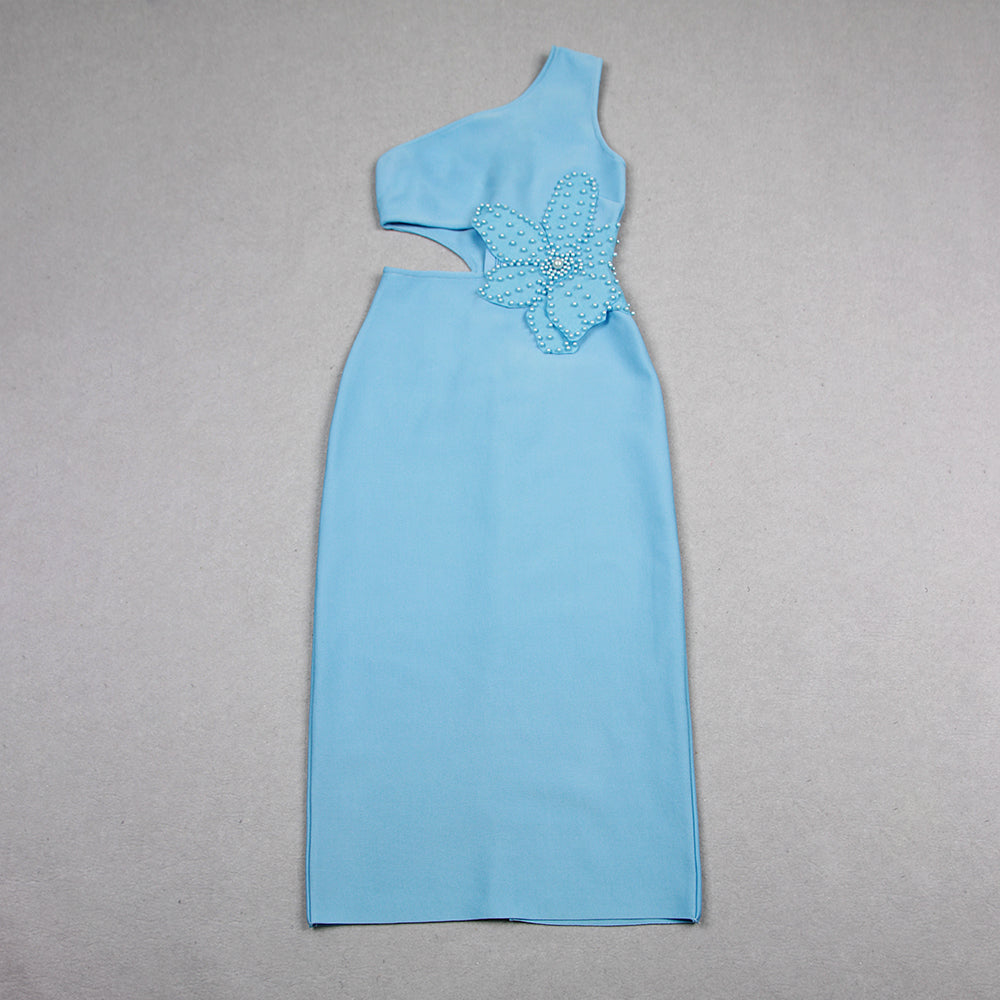 One Shoulder Pearl Flower Midi Dress Blue HV1188