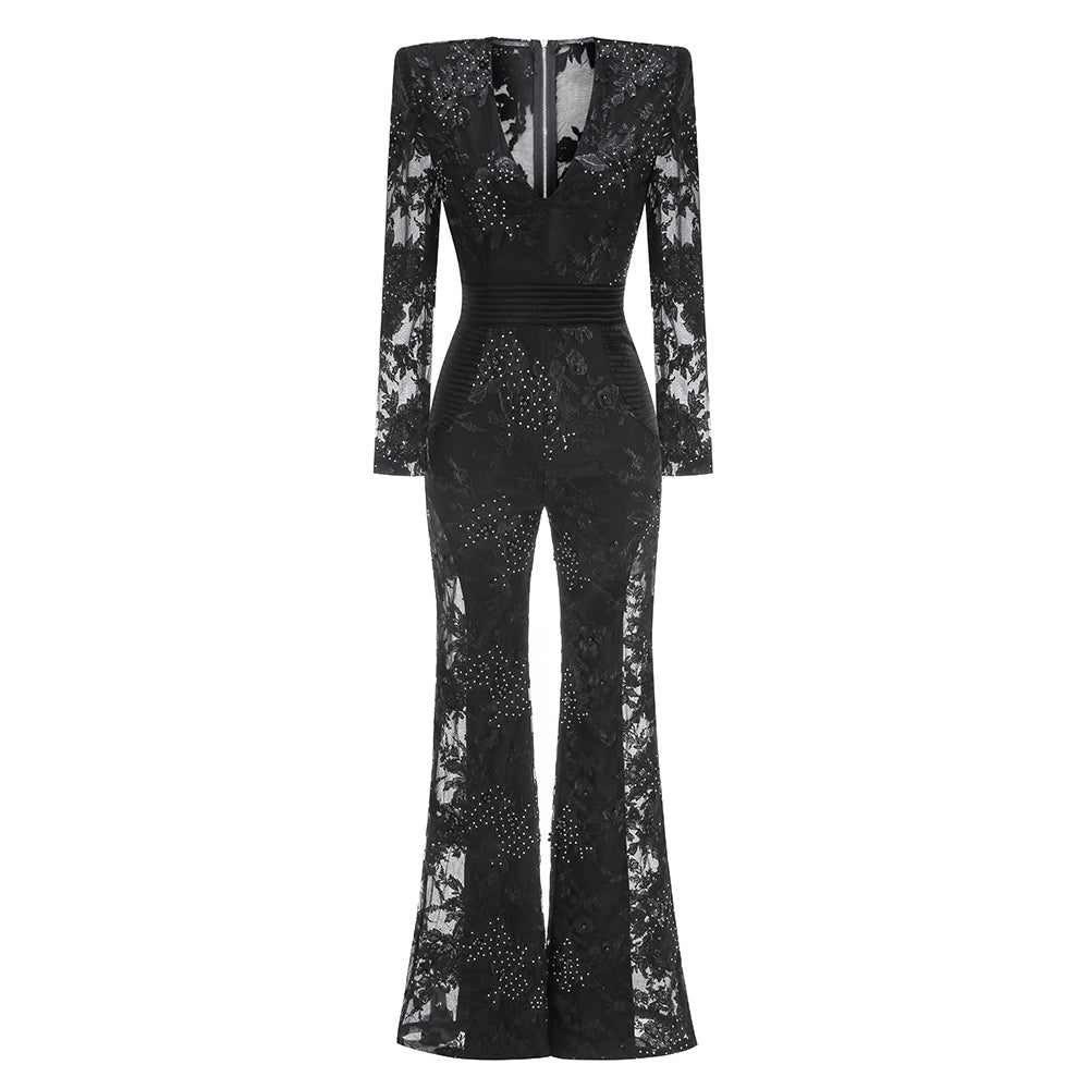 Long Sleeve Floral Lace Jumpsuit Black HV1988