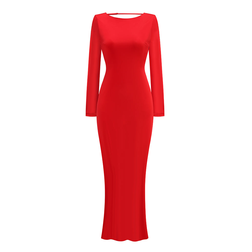 Long Sleeve Backless Maxi Dress Red