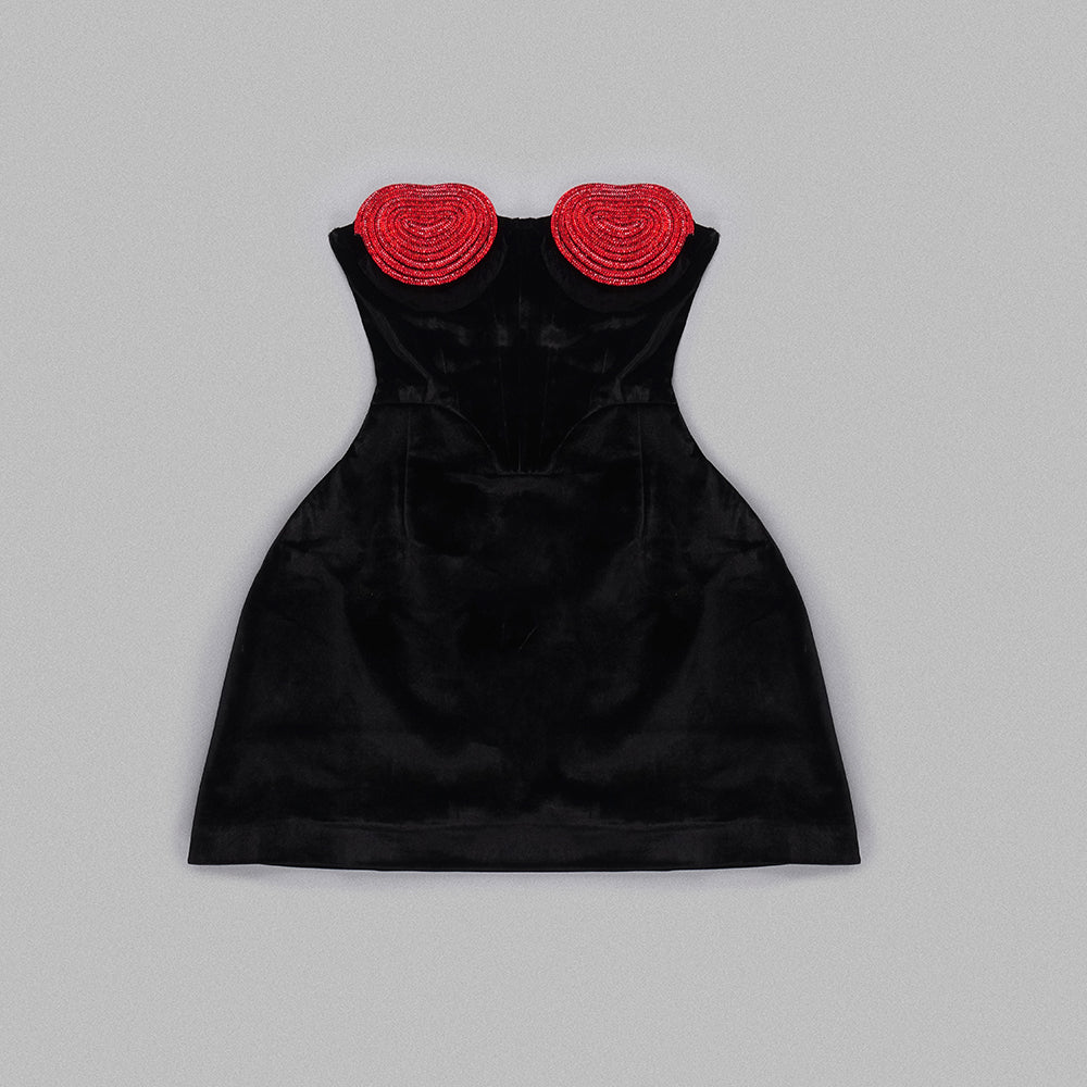 Crystal Heart Strapless A Line Velvet Dress Black HV9859