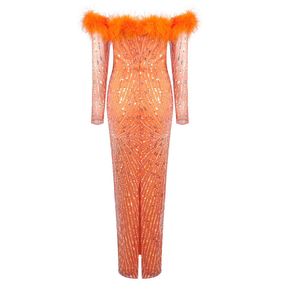 Long Sleeve Feather Bardot Sequin Maxi Dress HV1757