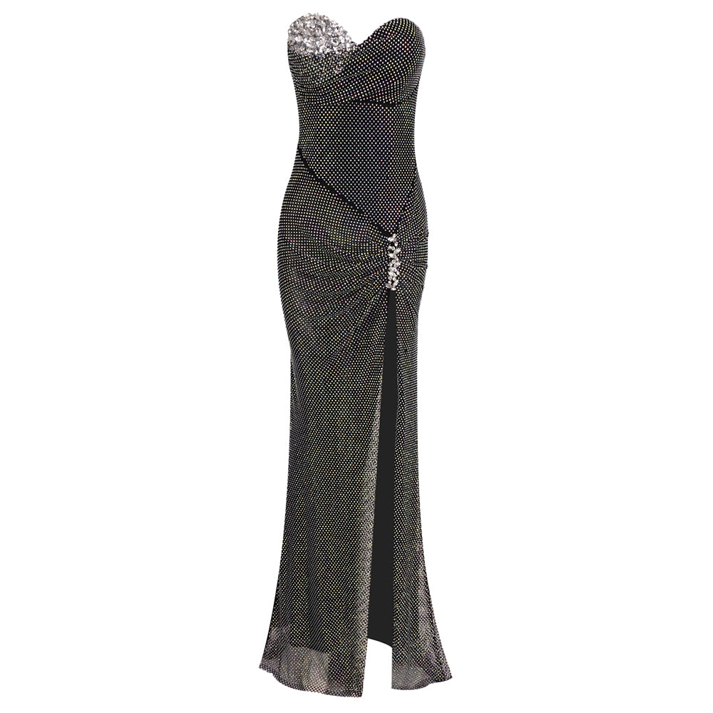 Strapless Crystal Draped Maxi Dress HV1405
