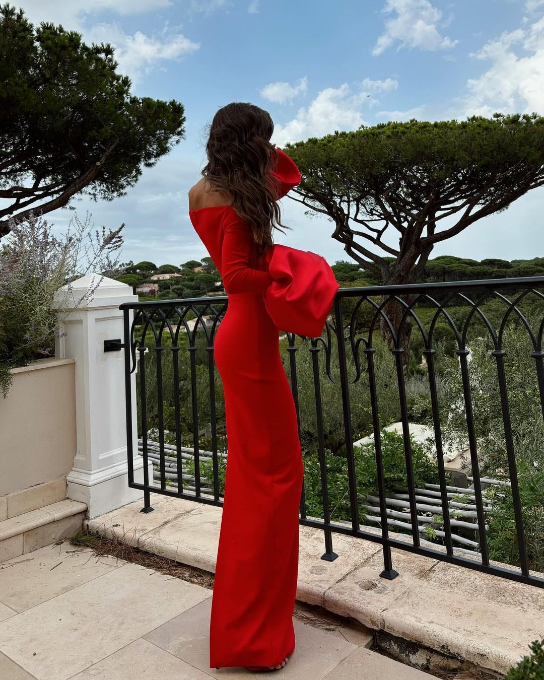 Long Sleeve Bardot Maxi Dress Red HV1855