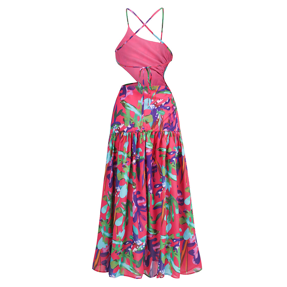 Halter Floral A Line Maxi Dress Pink HV1366
