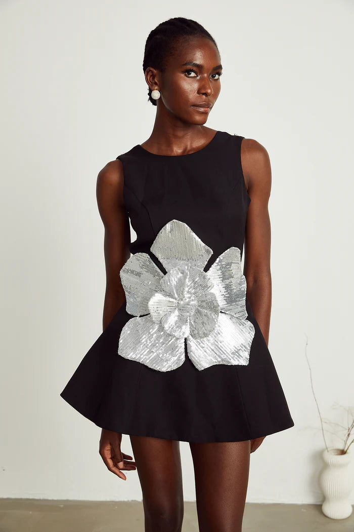 Sequin Floral A Line Dress Black Silver