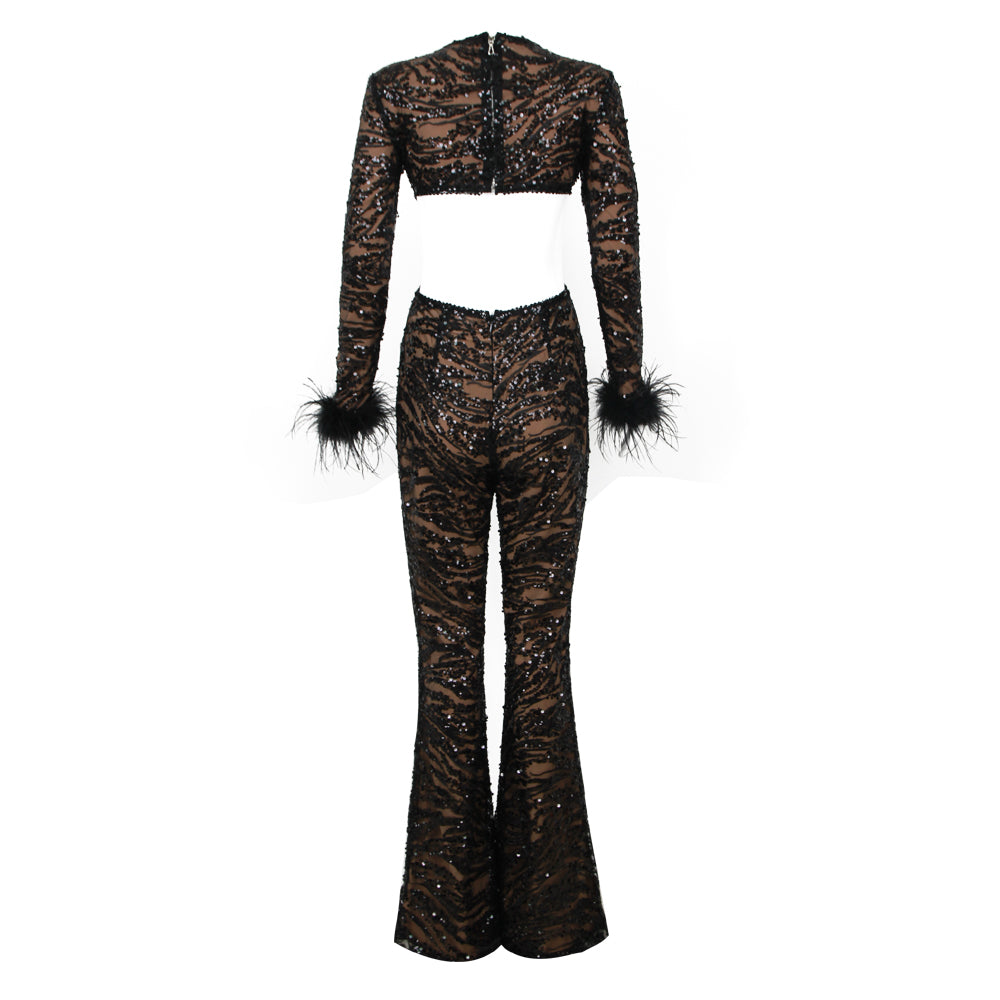 Long Sleeve Feather Sequin Jumpsuit Black HV9961
