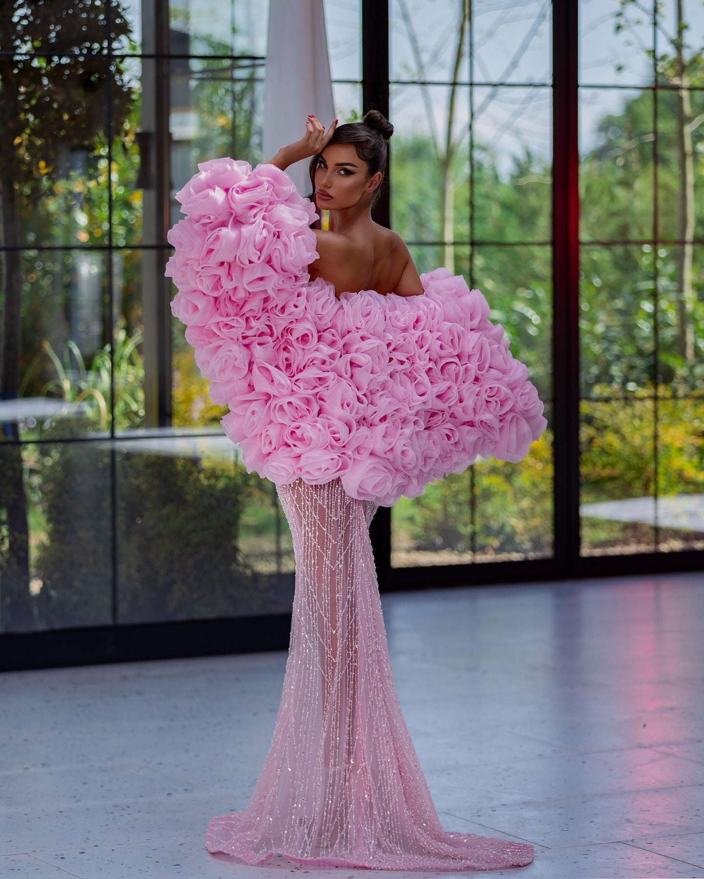 Strapless Crystal Bustier Sequin Maxi Dress Pink HV2017