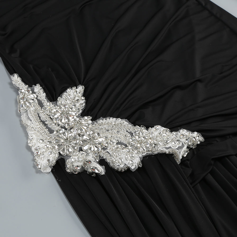 Long Sleeve Crystal Detail Draped Dress Black HV2036