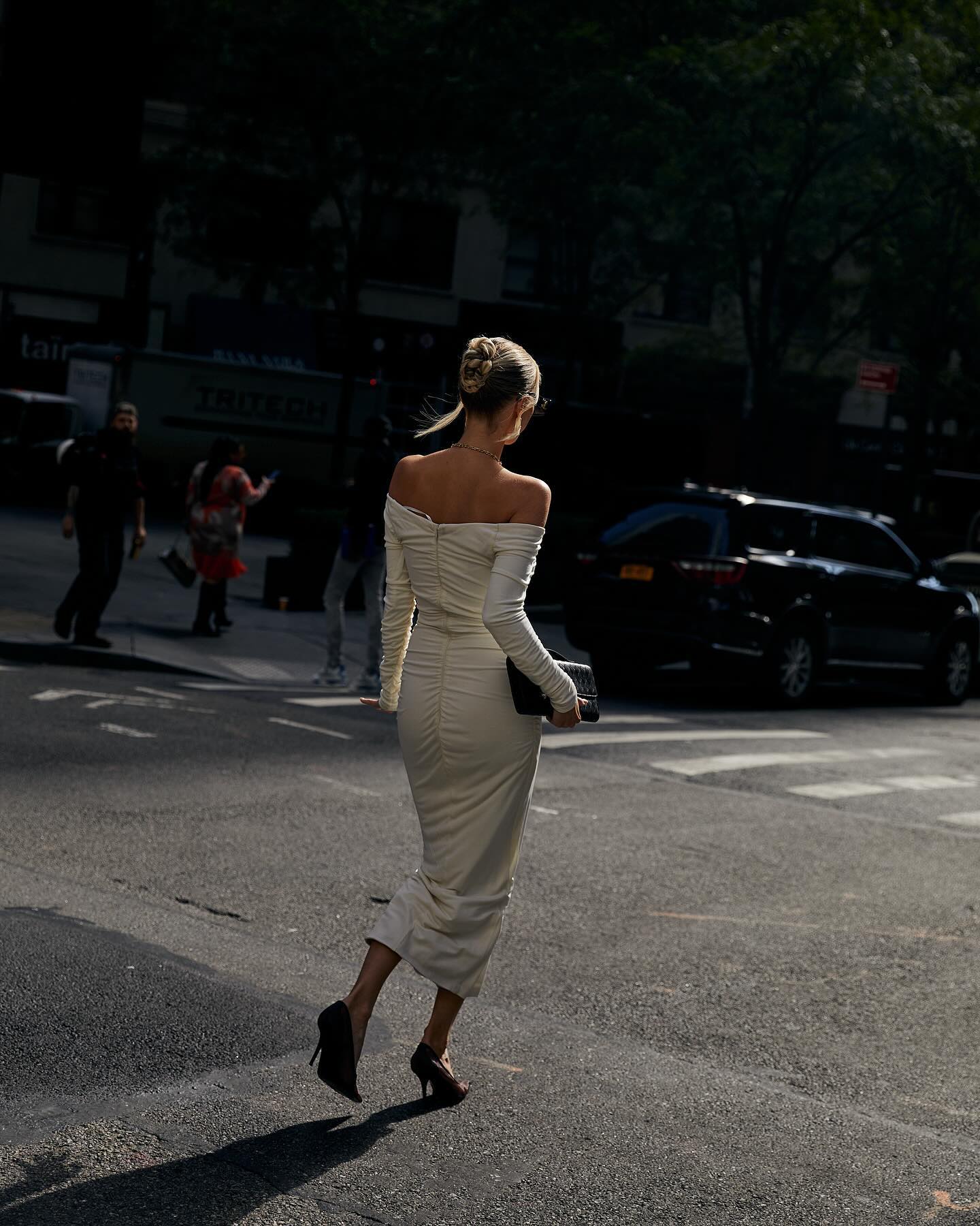 Long Sleeve Ruched Bardot Midi Dress White HV1923