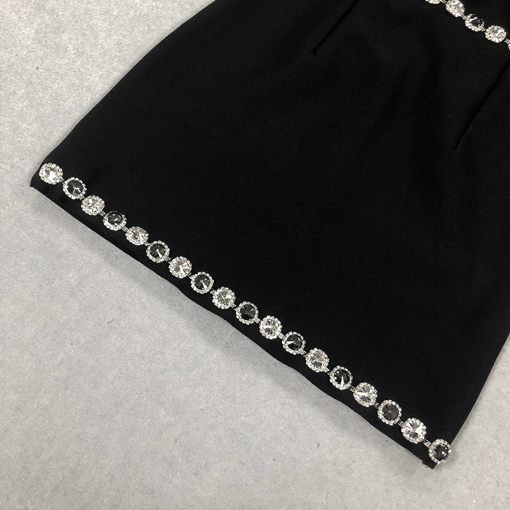 Long Sleeve Crystal Trim Detail Dress Black HV1665
