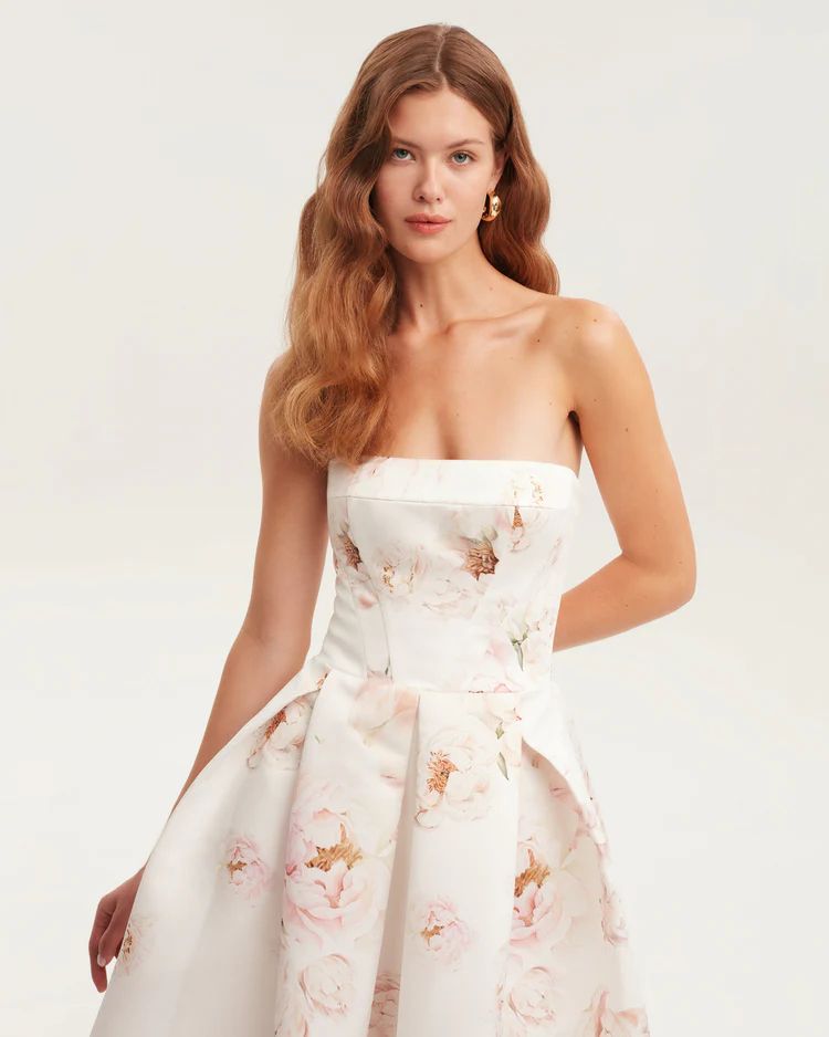 Strapless Floral Corset A Line Midi Dress