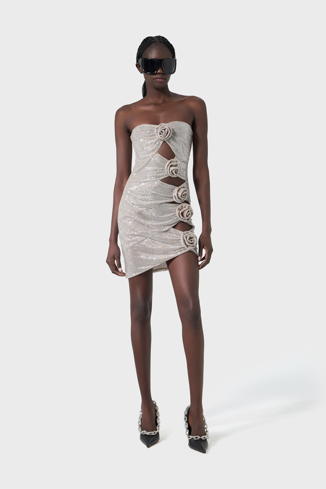 Strapless Floral Studded Dress Nude