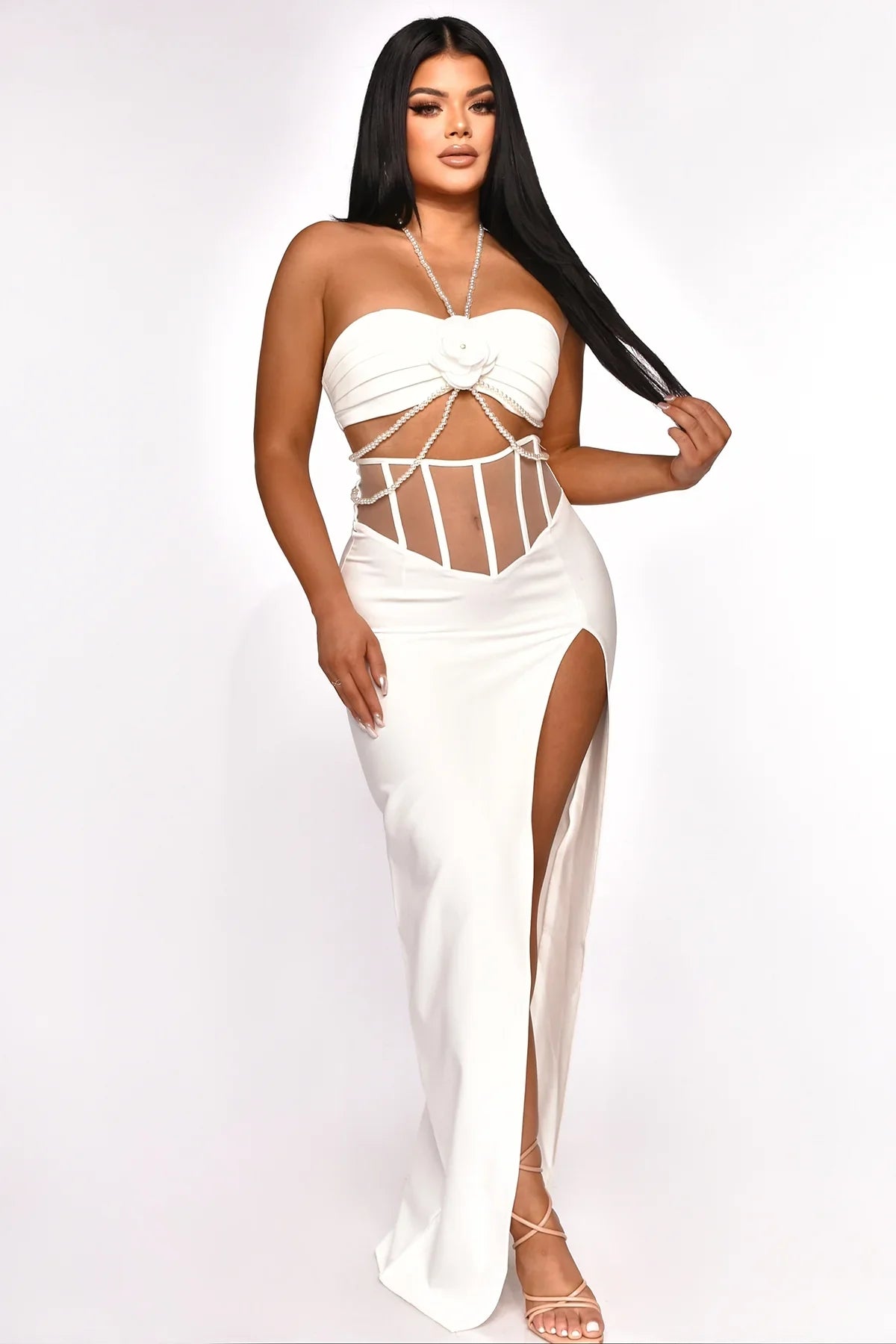 Halter Pearl Bustier Maxi Two Piece Dress White HV1494